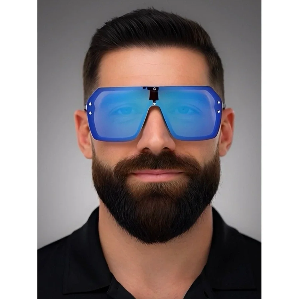 Shield Men Sunglasses Blue Mirrored Lens Rivets Accents Fashion Lentes Gafas New